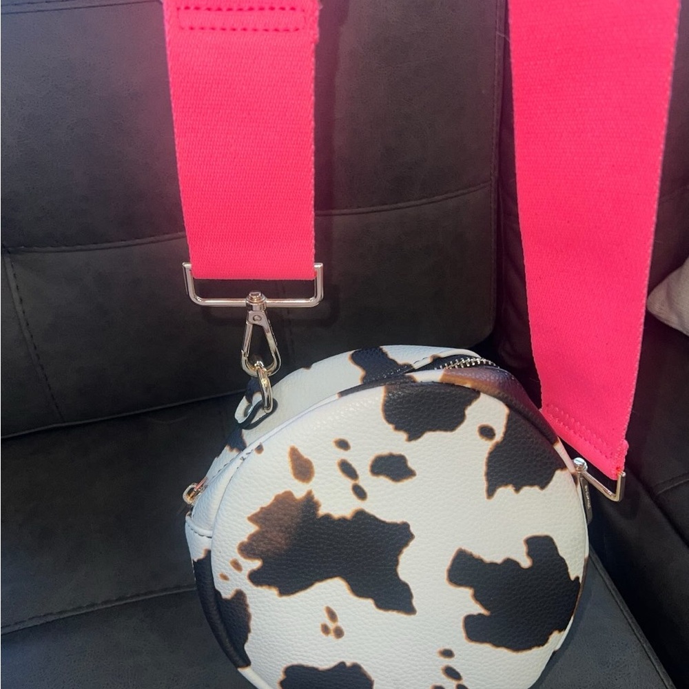 Cow Print Round Crossbody Bag with Bright Pink Strap